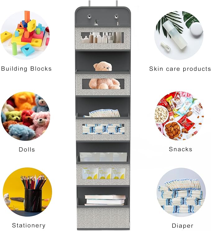 Over The Door Hanging Organizer with 5 Big Pockets, Wall Mount Fabric Back of Door Storage Organizer with Clear Window & Metal Hooks for Pantry Closet Diaper Dorm Nursery Bedroom