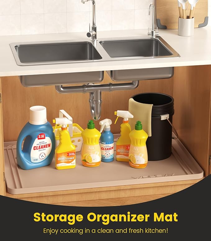 Wohbay Under Sink Mats for Kitchen Waterproof, Cut to Fit Under Sink Drip Tray for Kitchen Bathroom Cabinets, Silicone Under-Cabinet Hold Up to 3.3 Gallons Liquid, 34" X 22" Or Smaller -Khaki
