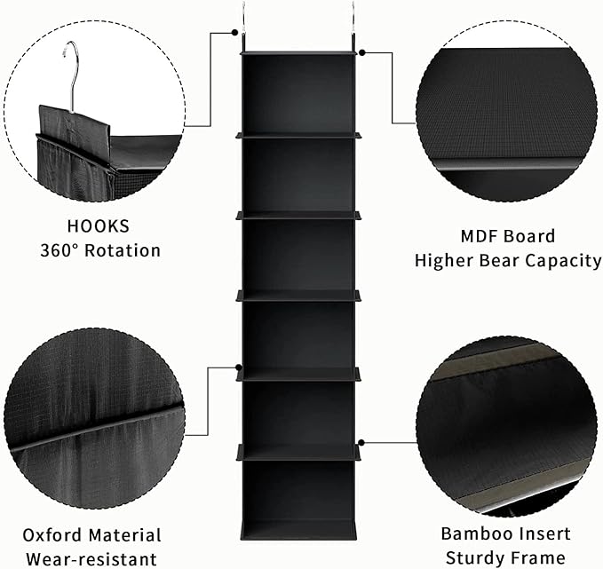YOUDENOVA Hanging Closet Organizer, 6-Shelf Closet Hanging Storage Shelves, Black
