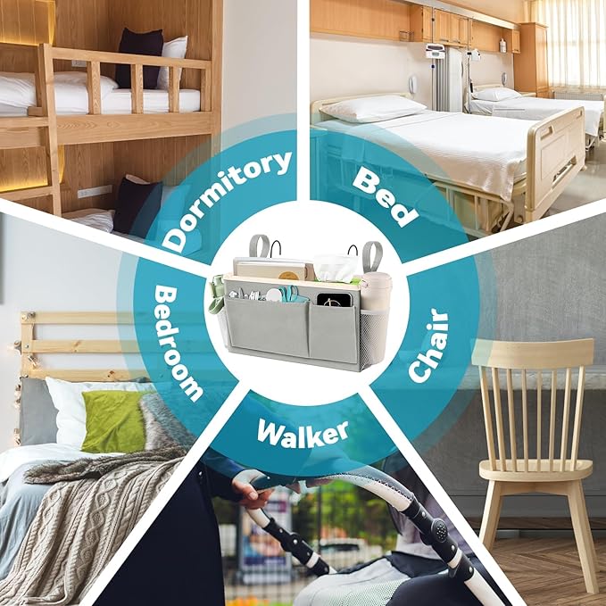 BlissTotes Bedside Caddy, Bedside Storage Organizer for Bunk Bed Accessories, Dorm Storage for Bedside Shelf and Bunk Bed Shelf, Bed Caddy for Home, Dorm, Bunk (Light Gray, 2 Pack)