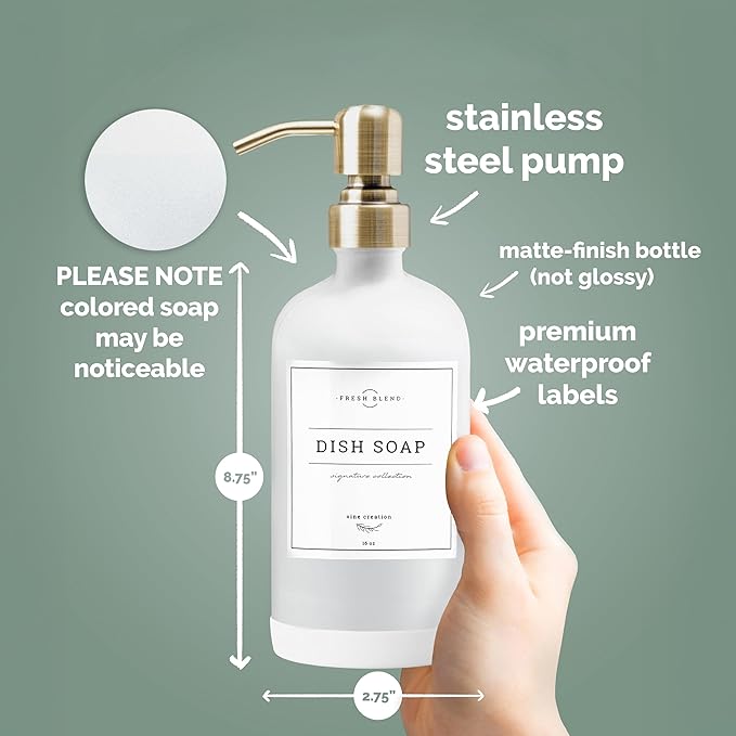 Vine Creations White Glass Soap Dispenser, 2 Pack Kitchen Soap Dispenser Set with Stainless Steel Pump, 16 oz Dish Soap and Hand Soap Dispensers for Bathroom with Waterproof Labels