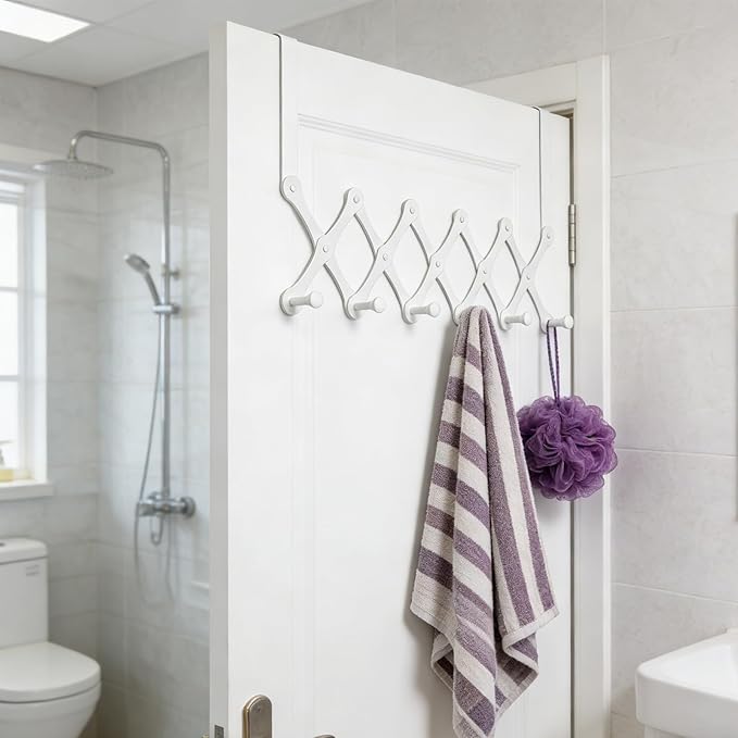 SCUNDA Expands Over The Door Hook Rack, Heavy Duty No Drill Hooks for Bathroom, Bedroom, Kitchen, Closet - Over The Door Hanger for Towels, Robes, Bags, Coats(White)