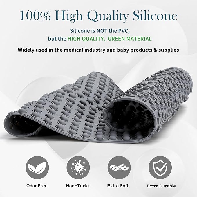 Joiyota Silicone Push Pop Bath Mat with 391 Suction Cups,33x17.3 Inch Non-Slip Tub Mat for Adults, Superior to Foldable Mats for Safety & Stability with Drain Holes, Gray Thickend Soft Shower Mat