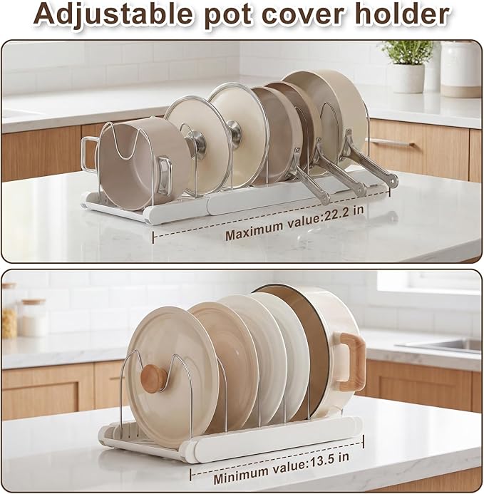 Expandable Pots and Pans Organizer Under Cabinet, 7 Stainless Steel Dividers, HIPS Base, 13-22 inch Heavy Duty Pan Rack with Lid Holder, Pot Organizer Inside Cabinet for Kitchen Storage