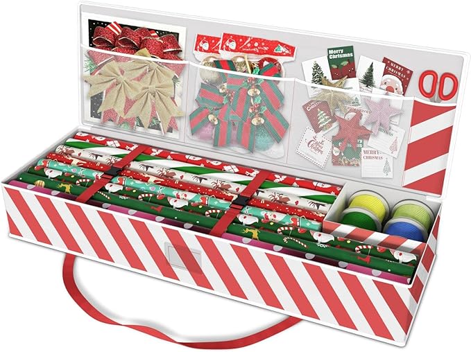 Safana Wrapping Paper Organizer Storage Bag, 42" Durable 600d Oxford Wrapping Organizer Box Under Bed Storage Containers for Decorations Paper Rolls, Ribbons, Balls, Bows (Red Stripe)