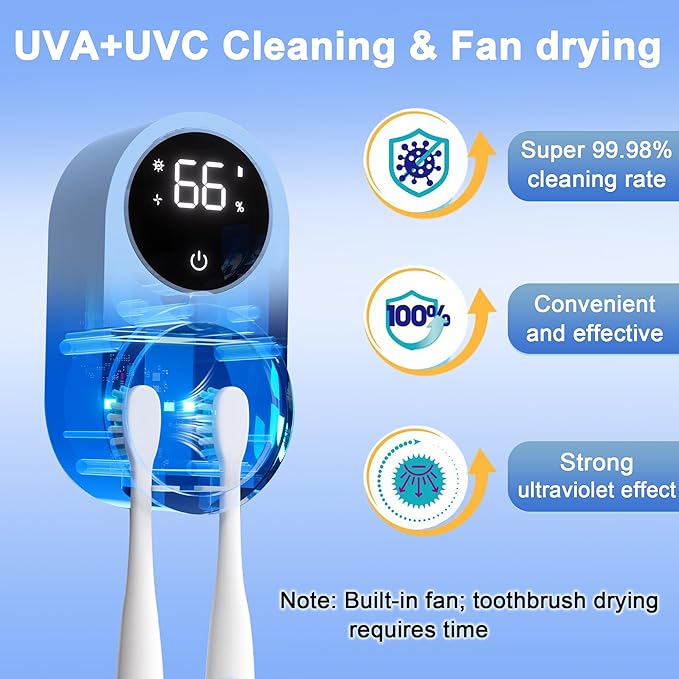 Biodzzs Toothbrush Holder and Cleaner for Bathroom Light Cleaning Fan Drying Round in Circle Automatic Rotating Cover Wall Mounted Smart Home Gadgets (02 Blue)