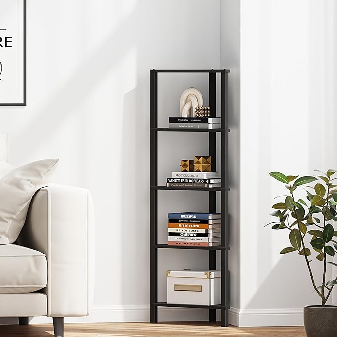 TUTOTAK Corner Shelf, 5-Tier Corner Bookshelf for Small Space, Narrow Display Corner Shelf Stand with Storage Rack, for Living Room, Bedroom, Black BS05BK005