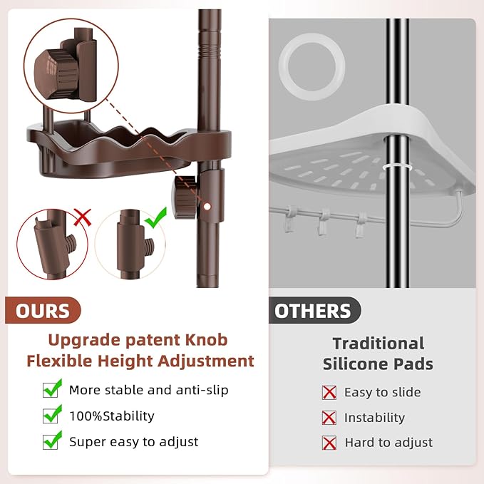 32-122inch Corner Shower Caddy Tension Pole Brown, Rustproof Drill-Free Shower Shelves for Bathroom Bathtub Washbasin, Adjustable Shower Organizer with 4 Tier Patent Stable Shelves & Towel Bars