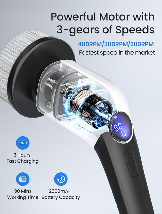 Keimi Electric Spin Scrubber, 2025 New Cordless Shower Cleaning Brush with 8 Replaceable Brush Heads, 3 Adjustable Speeds, and Adjustable Extension Handle for Bathroom Floor Tile