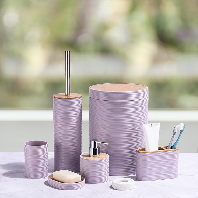 CERBIOR Bathroom Accessories Set 6 Piece Bamboo Bath Ensemble Includes Soap Dispenser, Toothbrush Holder, Toothbrush Cup, Soap Dish for Decorative Countertop and Housewarming Gift, Sriral Purple