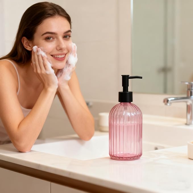 Black Pump Glass Soap Dispenser, 13.5oz Stripe Countertop Refillable Liquid Bottle Hand Dish Lotion Dispenser with Plastic Pump, for Kitchen, Bathroom Countertop