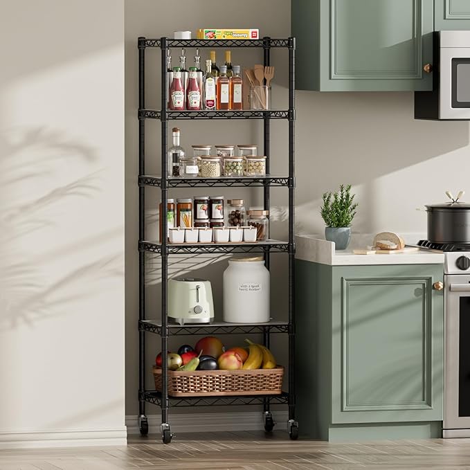 SINGAYE 6 Small Shelf Storage Wire Shelves Closet Bathroom Organizers Metal Pantry Kitchen Garage Shelving Unit Laundry Room Organization Home Narrow Rack Net Basket with Wheels Black