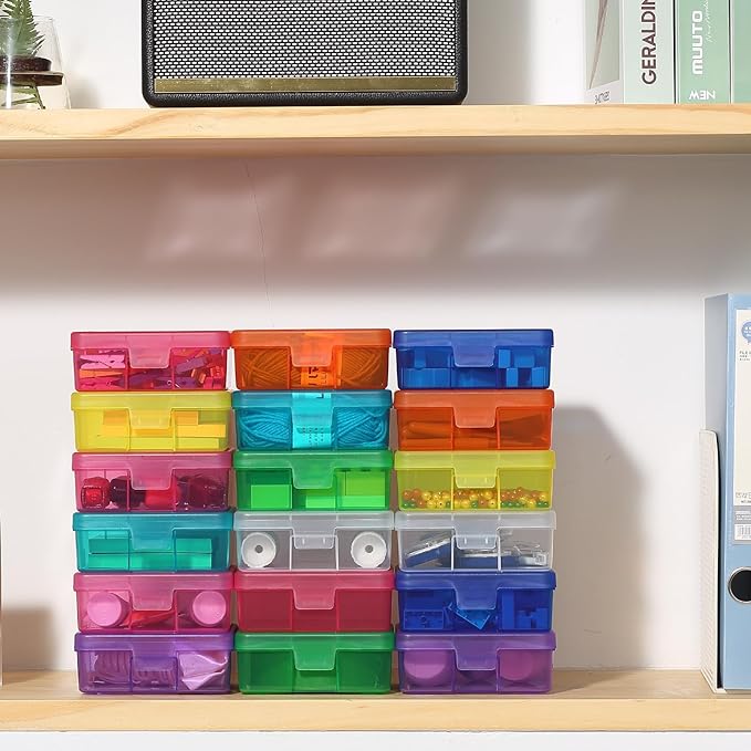 novelinks Plastic Clear Storage Containers for Organizing, Craft Storage Organizers and Stackable Storage Bins with Lids for Pencil Box, Bead, Cookie Cutter, Board Game (18 Pack Small -Color)