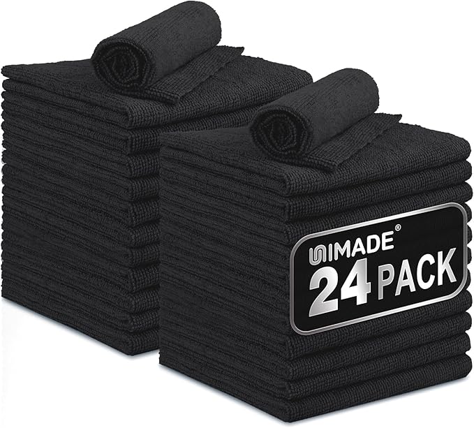 Microfiber Cleaning Cloth, 24 Pack Reusable Microfiber Towels for Cars Lint Free Cleaning Shop Towel Rags for Home Kitchen Automotive Bar Mechanic Restaurant Garage, 11"x 12", Black