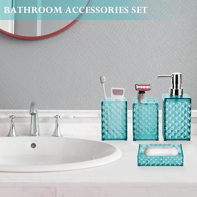 Bathroom Accessory Set, Grid Pattern 4 Pcs Plastic Bathroom Set Include Soap Dispenser, Soap Dish, Toothbrush Holder, Mousewash Cup, Modern Bahtroom Décor Set(Light Blue)