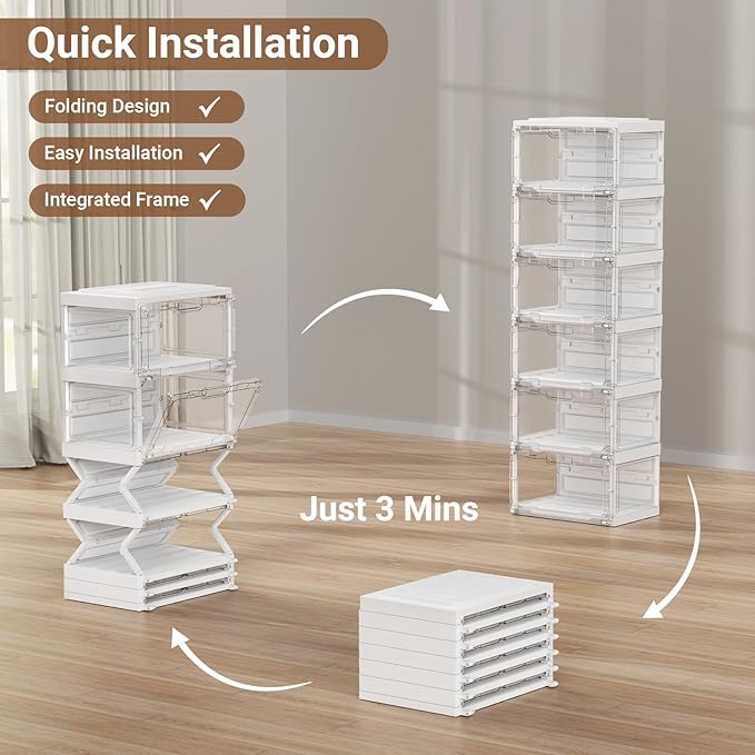 BROVIEW Led Shoe Boxes, Shoe Display Case with Lights, Large Clear Plastic Foldable Shoe Storage Box, Voice Activated Led Shoe Organizer Sneaker Case, Collection Crate, 1 Row 4 Tier White