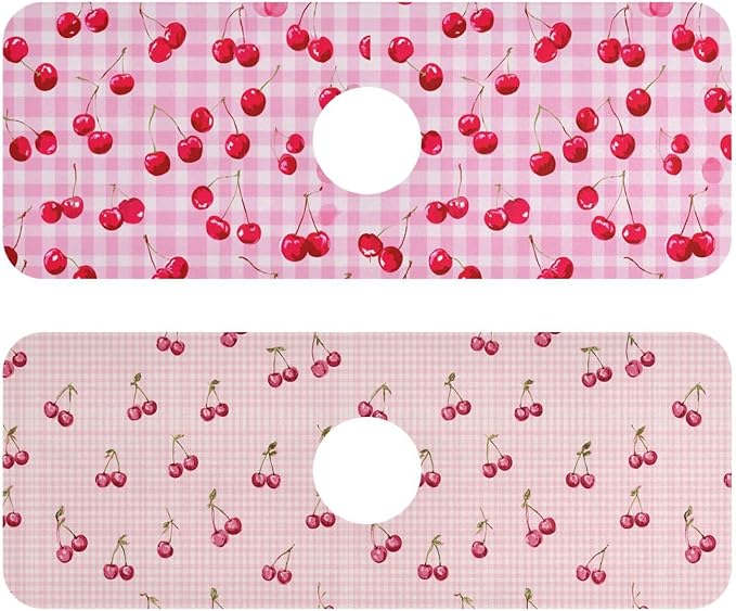 Pink Juicy Checkered Cherry Pink Gingham Kitchen Sink Splash Guard Sink Faucet Mat Faucet Handle Drip Catcher Drain Mats for Kitchen Bathroom Countertop Absorbent Dis