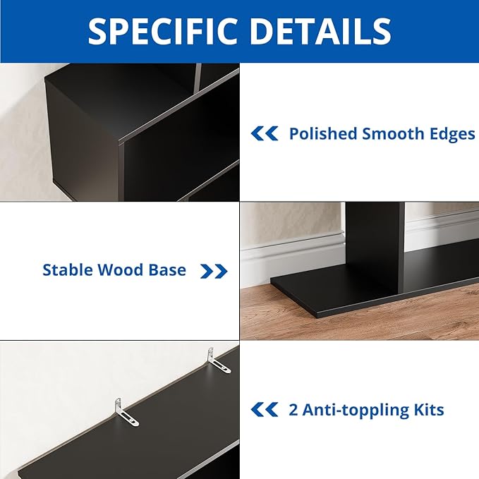 Cozy Castle Set of 2 Geometric Bookcase, S-Shaped Modern Bookshelf, Room Divider Bookshelf, 62" Tall Unique Abstract Bookcase with 5-Tier Display Shelf for Living Room Office, Black