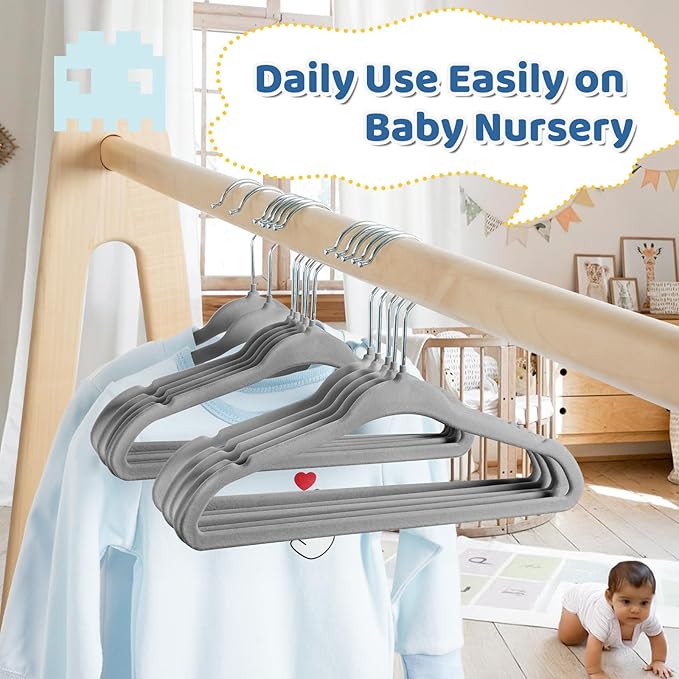 Smartor Premium 11 Inch Baby Hangers 50 Pack, Grey Kids Velvet Hanger, Non Slip, Space Saving Felt Hangers Clothes Organizers for Closet with 360° Swivel Hook for Children, Infant & Toddler
