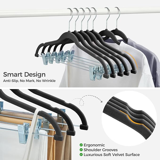 HOUSE DAY Velvet Hangers with Adjustable Clips 30 Pack, Non-Slip Suit Organizer with 360° Hook - Heavy Duty Hanger for Pants, Skirts, Blouses, Dresses - Outfit Hangers All-Season Space Saver (Black)