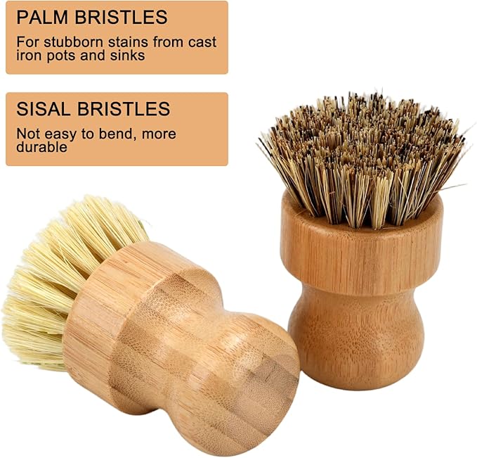 4 Piece Bamboo Dish Brush Set - Bamboo Dish Bottle Brush with Sisal, Dish Scrubber for Kitchen Cleaning Dishes, Pots, Pans