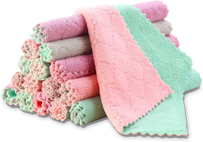 12 Pack Kitchen Cloth, Dish Towels, Microfiber Cleaning Cloths, Premium Coral Fleece Nonstick Oil Washable Fast Drying Cloths for Kitchen, Bathroom, Car and Household Cleaning Supplies, 10"×10"