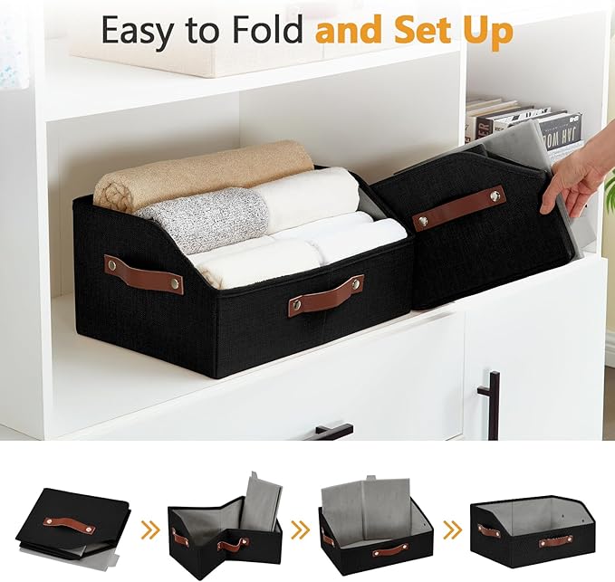 Closet Organizers and Storage, Linen Trapezoid Storage Bins with Handles, Collapsible Shelf Organizer for Blanket, Towel, Clothes, Hats, Purse (Black)