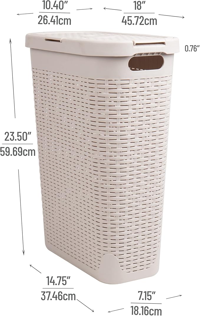 Mind Reader Slim Laundry Hamper with Lid, 40L Clothes Basket, Premium Wicker Design, Plastic, Set of 2, Ivory