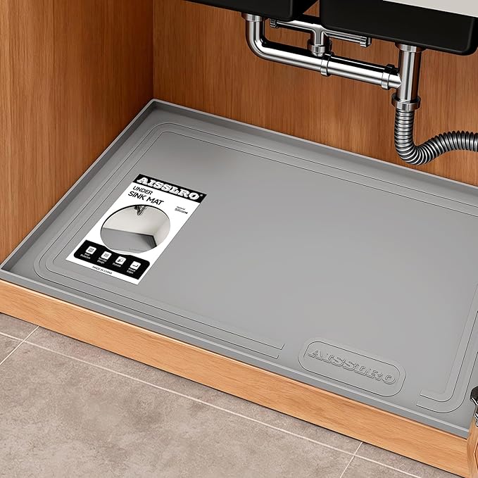 Aisslro Under Sink Mat 28" X 19", Waterproof Silicone Under Sink Mats for Kitchen, Anti-Leak Shelf Liner & Cabinet Protector with Raised Edge, [BPA Free] Bathroom Tray Home Organizer, Grey