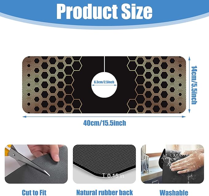 Sink Splash Guard Faucet Mat Black Gold Honeycomb Absorbent Fast Drying Mat Sink Gadgets Splash Guard Behind Faucet Drip Catcher for Kitchen Bathroom 15.5"X5.5"