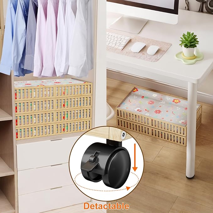 Bamboo Under Bed Storage Containers with Wheels, 40L UnderBed Drawers with Dust Bag, Breathable Under Bed Shoe Storage, Rolling UnderBed Clothes Storage, 1Pack