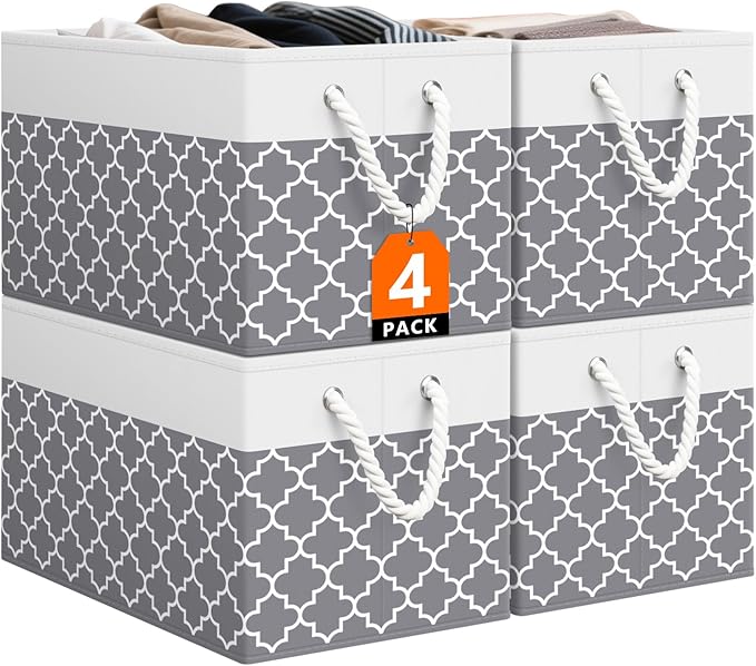 Storage Bin,Collapsible Storage Basket For Organizing,Large Storage Boxes With Rope Handles,Storage Containers,Clover Grey,4 Pack
