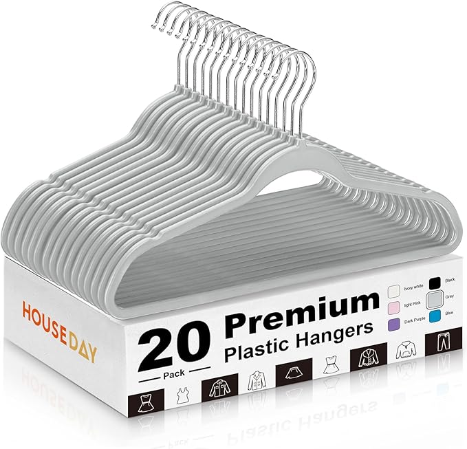 HOUSE DAY Grey Plastic Hangers 20 Pack - Heavy Duty Non-Velvet Hangers with 360° Swivel Hook & Non Slip Notches - Slim Space Saving Clothes Hangers, Durable Closet Organizers for Coats Shirts Dresses