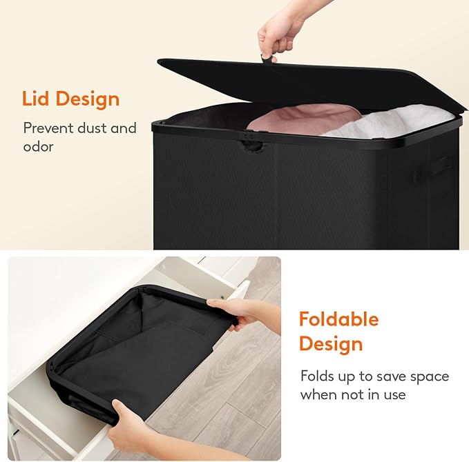 Lifewit 185L Large 3 Section Laundry Hamper with Lid, Plastic Laundry Basket with Bamboo Handles and Removable Bags, Tall Foldable Clothes Hamper for Bathroom Bedroom, Black