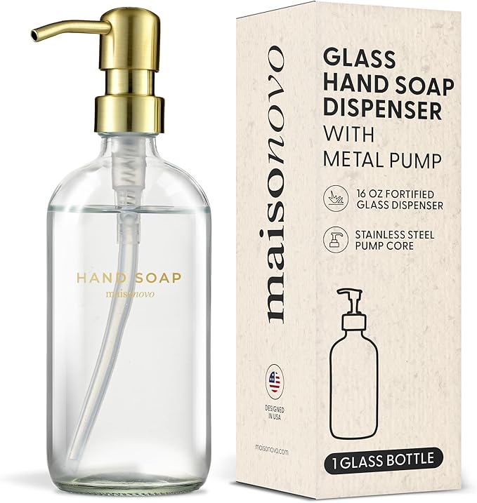 MaisoNovo Soap Dispenser 1-Piece Set | 16.9oz Clear Bottles with Gold Stainless Steel Pump Core