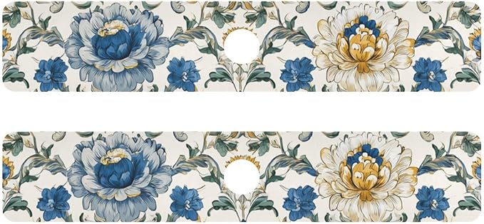 Kitchen Sink Splash Guard 2 PCS 30 Inch Sink Faucet Mat Splash Guard for Bathroom Countertop Water Absorbent Foldable Cuttable Soft Washable Royal Floral Blue and Yellow Tile