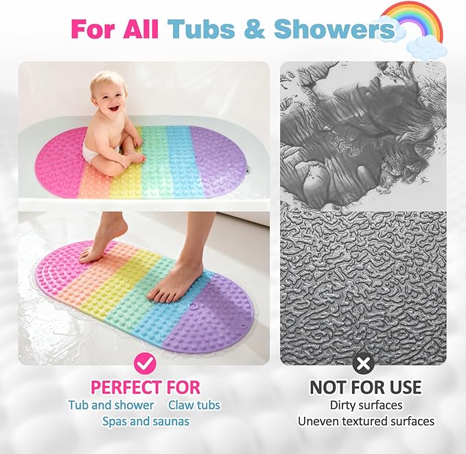 Joiyota Push Pop Bubble Bath Mat for Kids,Rainbow Large Non-Slip Silicone Tub Mat with Strong Suction Cups for Toddler,33x17.3 Inch Waterproof Shower Mat for Bathtub, Sensory Bath Pad with Drain Holes
