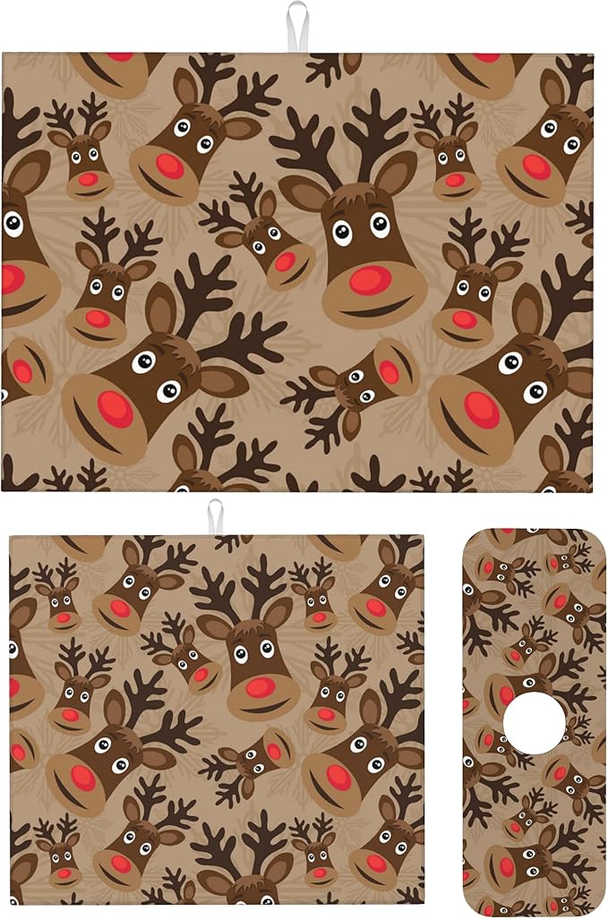 3Pcs Christmas Reindeer Dish Drying Mat & Kitchen Sink Splash Guard Faucet Mat For Kitchen Counter Absorbent Microfiber Dishes Pad Dish Drainer Rack Mats Fast Dry Kitchen Accessories