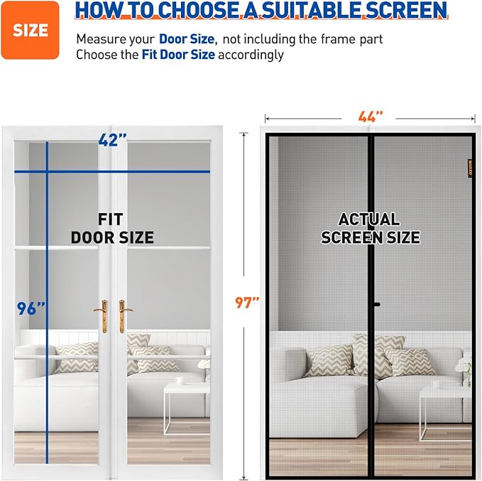 MAGZO Magnetic Screen Door, Fits Door Size 42 x 96 Inches, Actual Screen Size 44 x 97 Inches Reinforced Fiberglass Mesh Curtain for Front and Entry Entrance Mesh with Full Frame Hook & Loop, Gray