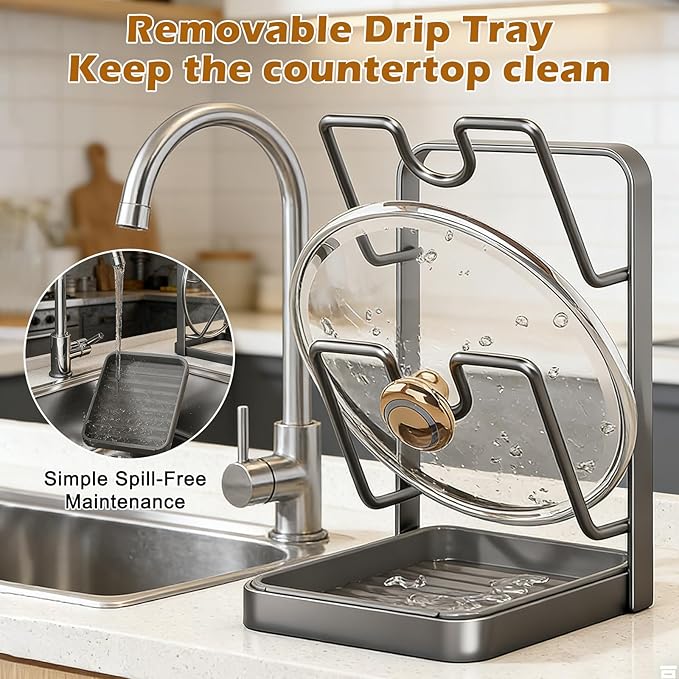Kitchen Pot Lid Storage Rack, Pot-Lid Cutting Board Holder With Removable Drip Tray, Multifunctional Utensils Pan Pot Cover Lid Rack Shelf For Stove Top or Countertop