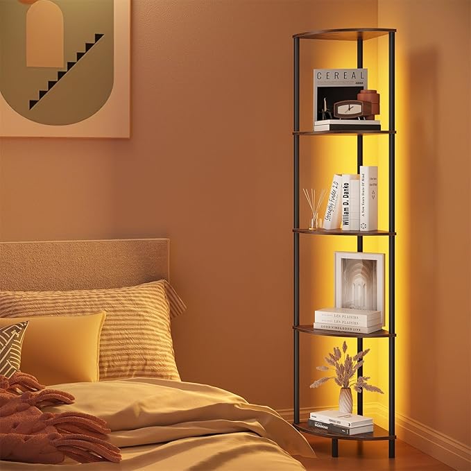 SUNMORY 5 Tier Corner Shelf with LED Light, Industrial 65" Corner Shelves Display Shelf for Living Room Decor, Wall Corner Bookshelf Multi Unit Organizer, Tall Shelf Plant Stand for Bedroom, Bathroom