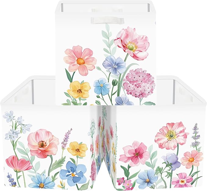 Clastyle Flowers Storage Cube Organizer Set Handle Closet Clothes Cube with Metal Frame Foldable Parents Organizer Storage Basket for Book Toy,Watercolour,11.8x11.8x11.8 in