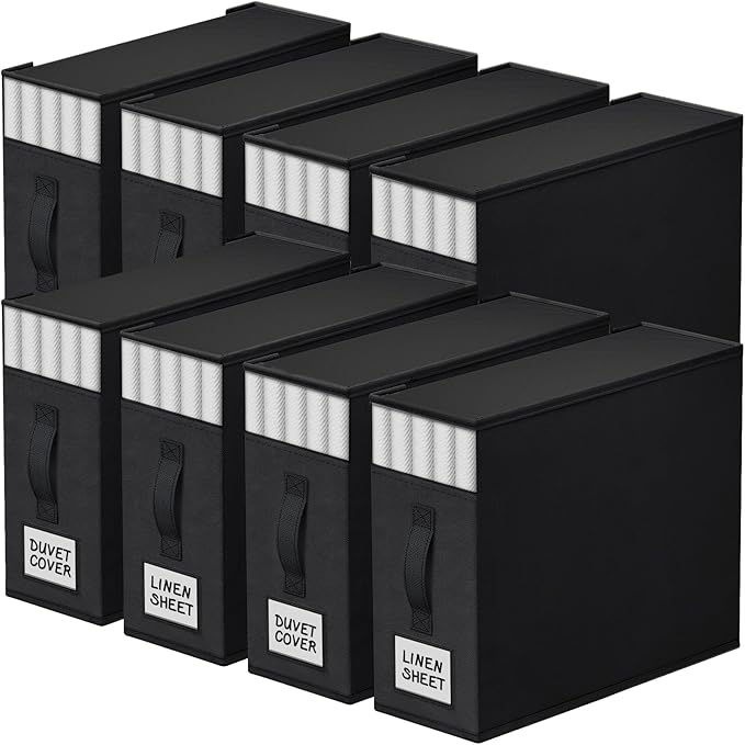 8 Pack Bed Sheet Closet Organizers and Storage,Sturdy Foldable Storage Containers with Window and Label,Storage and Organization for Bedding Sheets,Duvet Covers,Blankets (Black)