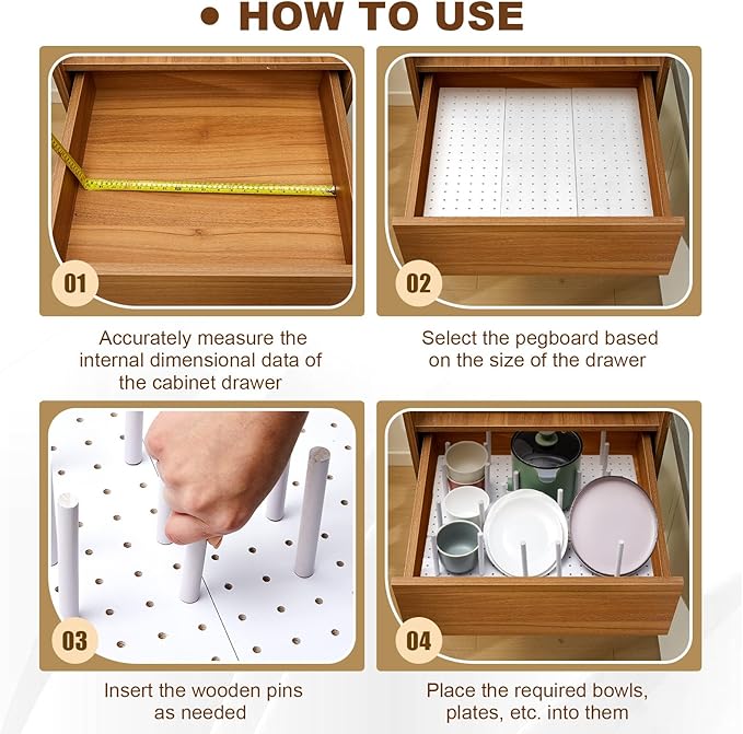 Kigley 6 Pcs Wood Pegboard Drawer Organizer with 48 Pegs Wood Peg Board System Peg Drawer Organizers for Kitchen Dishes Plate Pegboard Food Containers(20.98x5.91,White)