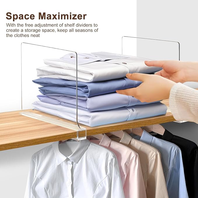 12 Pack Shelf Dividers, Adjustable Shelf Dividers for Closet Organization with Non-Slip Design, Clear Acrylic Shelf Dividers for Clothes, Handbags, Purses, Towels, Bookshelf in Home Organization