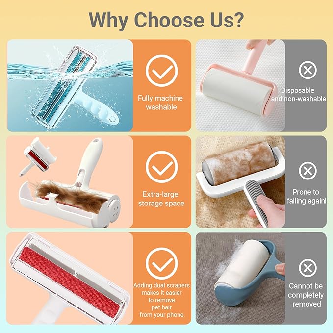 Pet Hair Remover Roller with Reusable Fiber Roller and Built-in Collection Box - Cat and Dog Hair Remover for Sofas, Carpets, and Clothing - Portable Hair Removal Tool (White)