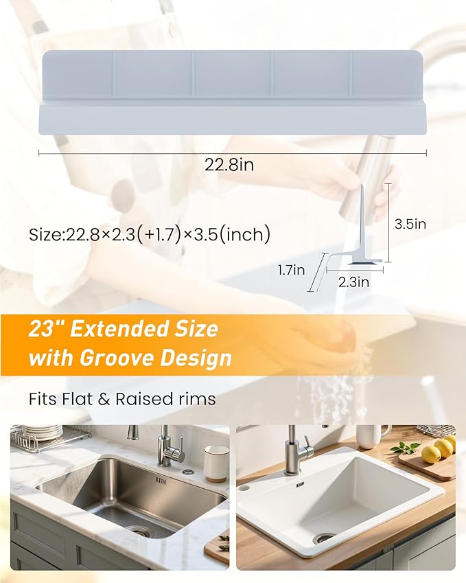 Kitchen Sink Splash Guard 23" Silicone Water Guard with Strong Suction Cups, Faucet & Countertop Protector, Bathroom & Sink Edge Splash Guard Strip, Easy Install, Dishwasher Safe-Grey