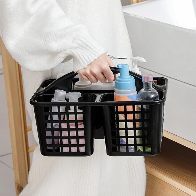 JiatuA Portable Shower Caddy Basket with Compartments Cleaning Supplies Organizer with Handle Plastic Storage Divided Tool Bin for Bathroom, Bedroom, Kitchen, College Dorm, Garden, Under Sink, Black