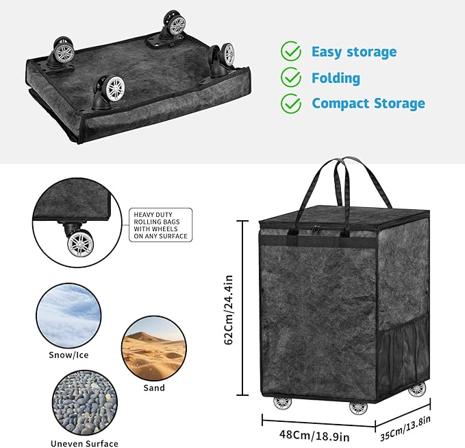 Boczif Large Laundry Basket Hamper Bag, Reusable Grocery Bag Collapsible Cart with Wheels and Handle, Rolling Tote Shopping Bags Storage Organizer for Clothes & Groceries, Trip, Sports, Picnic (Black)