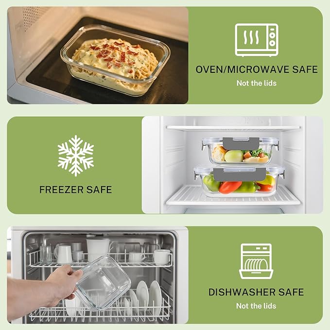 HOMBERKING 8 Pack Glass Food Storage Containers with Lids, Meal Prep Containers, Airtight Bento Boxes with Leak Proof Locking for Microwave, Oven, Freezer and Dishwasher, BPA Free, 5-35oz